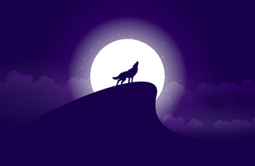 Wolf howls at night to the moon flat vector