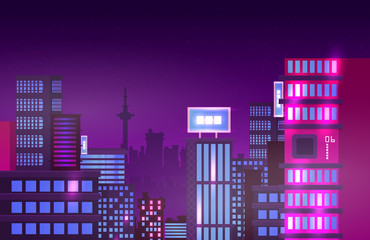 Night cityscape background with buildings, sky, stars.