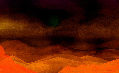 Abstract sand dunes. Hand-drawn watercolor desert. Landscape illustration, fields, hills.
