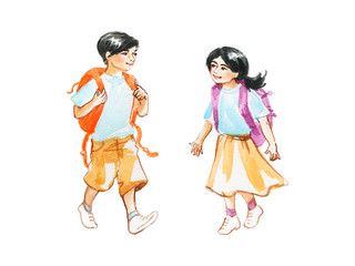 Watercolor children going to school