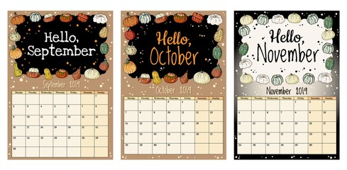 Cute cozy hygge 2019 autumn calendar planner with pumpkins decor, September, October, November