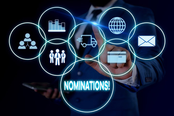 Text sign showing Nominations. Business photo showcasing action of nominating or state being nominated for prize Male human wear formal work suit presenting presentation using smart device