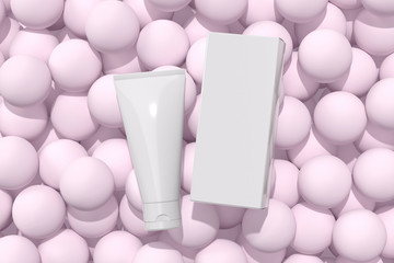 Natural Organic Cosmetic Face Cream Mockup. Top View of Glossy Plastic Cosmetic Tube with Packaging Box on Pink Background. Spa and Beauty Concept. Realistic 3D Illustration. Blank Template. Flat Lay.