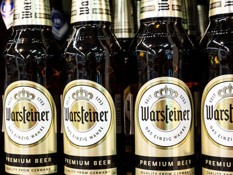 Kiev, Ukraine, September 13, 2018, illustrative editorial. Hofbrau Munchner Weissbier  beer bottles in row