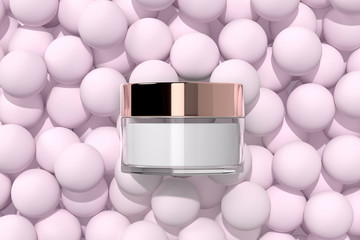 Natural Organic Cosmetic Face Cream Mockup. Top View of Glass Cosmetic Product with Golden Cap on Abstract Pink Background. Spa and Beauty Concept. Realistic 3D Illustration. Blank Template. Flat Lay.