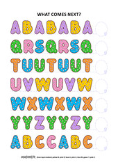 Basic skills practice logic game with alphabet letters. Training sequential pattern recognition skills: What comes next in the sequence? Answer included.