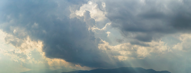 Thunderhead covers the Balkans. Downpour is approaching agricultural land. Villages, fields and...