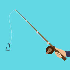 Hand hold fishing rod with blue background flat design vector illustration