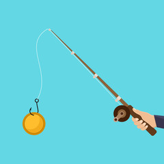 Hands holding fishing rod, money fraud, internet crime, fishing hook with blue background flat design vector illustration