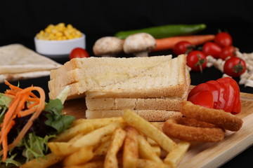 toast, fast food, aperitif, meal, french fries, crusty toast, sausage toast,