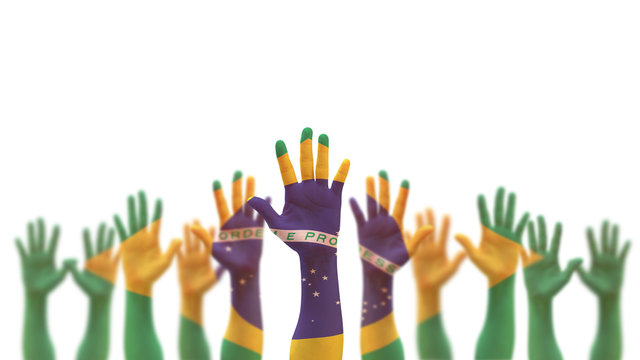 Brazil flag on people palm hands raising up for volunteer, voting, help wanted, and national holiday celebration praying for Brazilian power isolated on white background (clipping path)