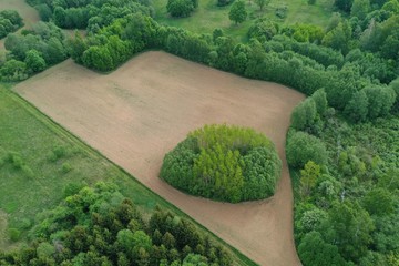 plowed sowed small agriculture field in nature park, aerial