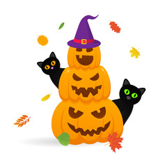 Pile of orange halloween pumpkins set with scary faces expression grimace. Autumn leaves with witch hat and black cats behind flat style design vector illustration isolated on white background.