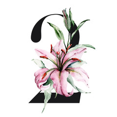 Number 2 with watercolor flowers lilies and leaf. Perfectly for wedding invitation, greeting card, logo, poster and other floral design. Hand painting. Isolated on white background.