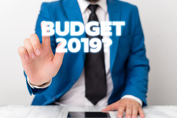 Handwriting text writing Budget 2019 Question. Conceptual photo estimate of income and expenditure for next year Businessman with pointing finger in front of him