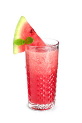 Glass of fresh watermelon juice on white background