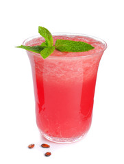 Glass of fresh watermelon juice on white background