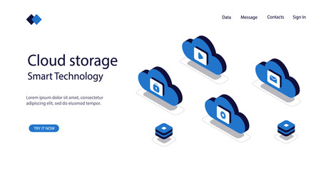 Cloud storage set, service for smart devices, modern mobile apps, secure download data, transfer message and setting. Vector isometric illustration. Template for web banner.