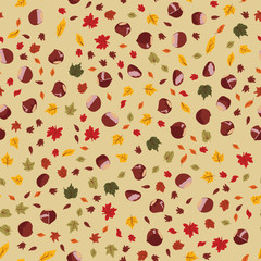 Seamless pattern with chestnuts and autumn leaves. Flat cartoon style