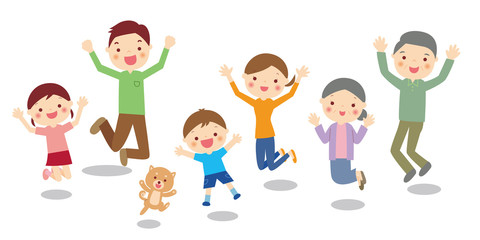 ジャンプする3世帯家族と犬のイラスト