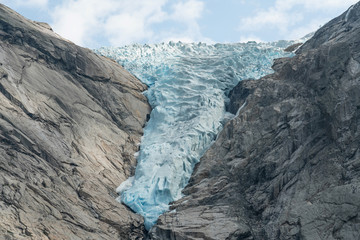 Blue glacier mountain view, Norway, Briksdal Glacier, Jostedalsbreen national park.