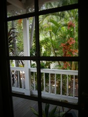 Glass window view of a wooden house overlooking the gardens