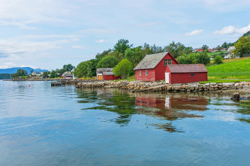 Naklejka premium Norwegian village rural houses sea view, Norway, Rosendal.