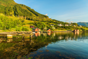 Fototapeta premium Rural houses in Norwegian fjords green landscape, Norway, Rosendal village.