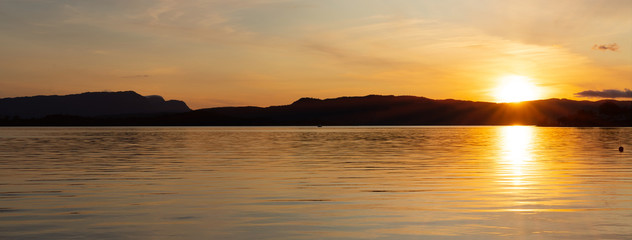 Norwegian fjords sunset panoramic landscape, Norway, Rosendal