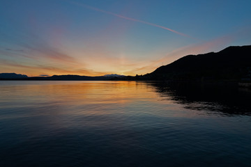 Norwegian fjords sunset landscape, Norway, Rosendal village
