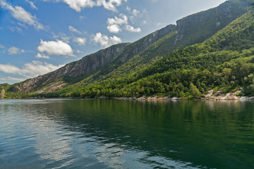 Naklejka na ściany i meble Norwegian fjords green mountains sea landscape, Norway