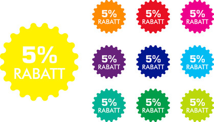 5% Rabatt Button Icon Farbig Stern Zahnrad Rund Gelb Rot Magenta Lila Violett Blau Cyan Türkis Grün Limette