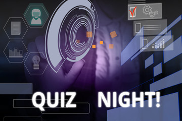 Writing note showing Quiz Night. Business concept for evening test knowledge competition between individuals Woman wear formal work suit presenting presentation using smart device