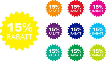 15% Rabatt Button Icon Farbig Stern Zahnrad Rund Gelb Rot Magenta Lila Violett Blau Cyan Türkis Grün Limette
