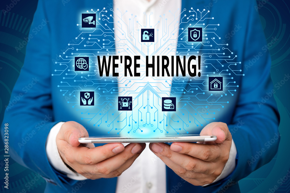 Poster handwriting text writing we are re hiring. conceptual photo process of reviewing applications and fi