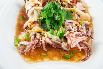 Chinese Cantonese cuisine home cooking, a dish of garlic steamed tubule squid on a white background