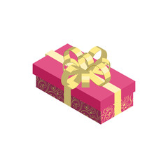 Gift box icon with red pattern wrapping and golden bow isolated on white background. Isometric vector illustration.