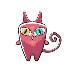 pink cute kitty character isolated on white background. Cartoon happy pink cat character with big eyes