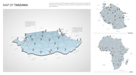 Vector set of Tanzania country.  Isometric 3d map, Tanzania map, Africa map - with region, state names and city names.