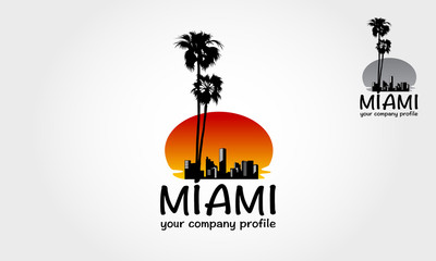 Miami beach Vector Logo Illustration in classic style with sea, building, sun. Scenic sunset on tropical beach with palm trees. 