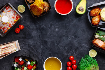 Appetizing food in boxes for corporate parties, parties, holidays. Food delivery on order.