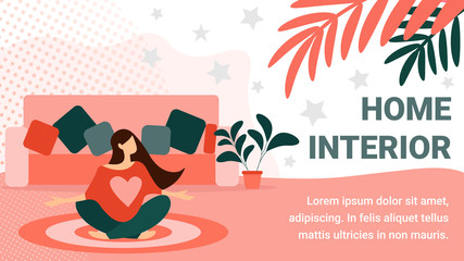 Young Woman Sitting on Floor in Living Room Relax