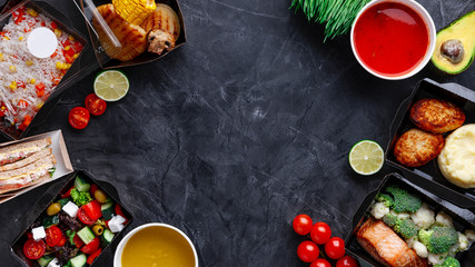Appetizing food in boxes for corporate parties, parties, holidays. Food delivery on order.