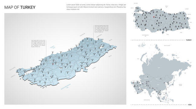 Vector set of Turkey country.  Isometric 3d map, Turkey map, Asia map - with region, state names and city names.