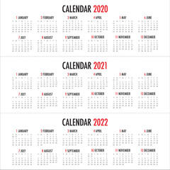 Year 2020 2021 2022 calendar vector design template