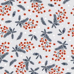 Materiał do szycia Christmas and New year floral seamless pattern for wrap paper or fabric design with branches and berries. Trendy vintage style.
