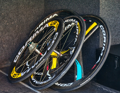 Houilles,France- March 3rd, 2013: Illustrative editorial image of four professional Corima bicycle wheels