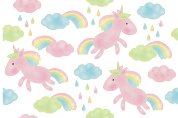 Vector cute seamless pattern,  unicorns in clouds, isolated on white.