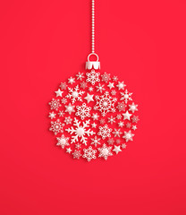 White snowflakes in the shape of a christmas ball on red