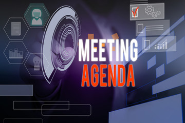 Word writing text Meeting Agenda. Business photo showcasing items that participants hope to accomplish at a meeting Male human wear formal work suit presenting presentation using smart device